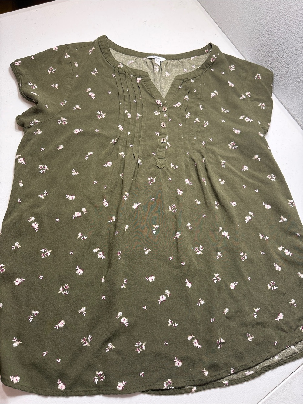 Sonoma Olive Green Floral Pintuck Button-Front Tunic